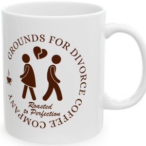 White Mug with a two people walking away from each other with the saying, "Grounds for Divorce Coffee Company."