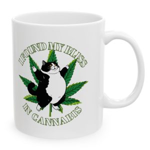 White Mug with fat cat in front of marijuana leaf with the saying, "I Found My Bliss in Cannabis."