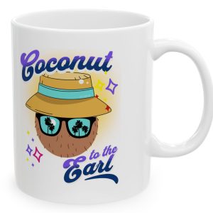 White Mug with the Coconut Earl Log on it with the saying, "Coconut to the Earl"