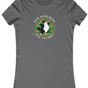 Ladies Tee with the image of a fat happy cat in front of a marijuana leaf and the saying, "I found my bliss in cannabis."