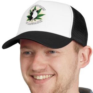 Hat with the image of a fat happy cat in front of a marijuana leaf and the saying, "I found my bliss in cannabis."