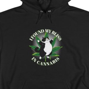 Hoodie with the image of a fat happy cat in front of a marijuana leaf and the saying, "I found my bliss in cannabis."