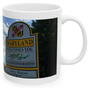 White Mug with fake state motto for Maryland: "All Up in Your Business"