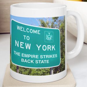 White Mug with fake state motto for New York: "The Empire Strikes Back State"