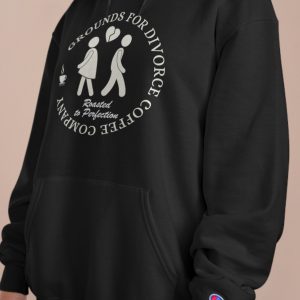 Hoodie with the image of a couple breaking up and the saying: "Grounds for Divorce Coffee Company."
