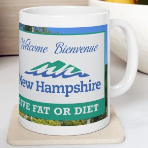 White Mug with fake state motto for New Hampshire: "Live Fat or Diet."
