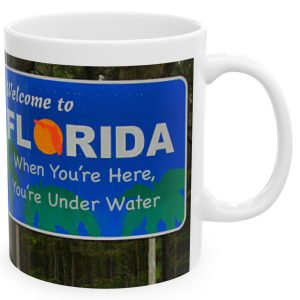 White Mug with fake state motto for Florida: "When You're Here, You're Under Water."