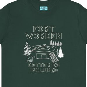 Unisex Tee with the inscription "Fort Worden Batteries Included." and a drawing on one of the batteries.