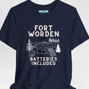 Dark Unisex Tee with the inscription "Fort Worden Batteries Included." and a drawing on one of the batteries.