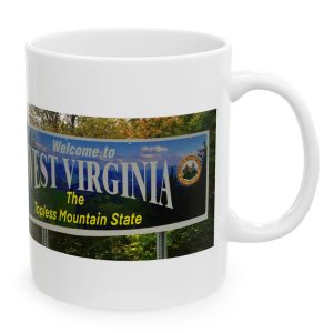 White Mug with fake state motto for West Virginia: "The Topless Mountain State."