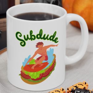 White Mug with the inscription "Subdude" and surfer surfing a submarine sandwich.