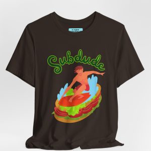 Dark Unisex Tee with the inscription "Subdude." and a surfer surfing a submarine sandwich.