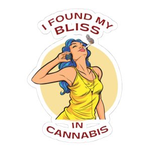 Sticker with a cute girl smoking and a cannabis phrase.